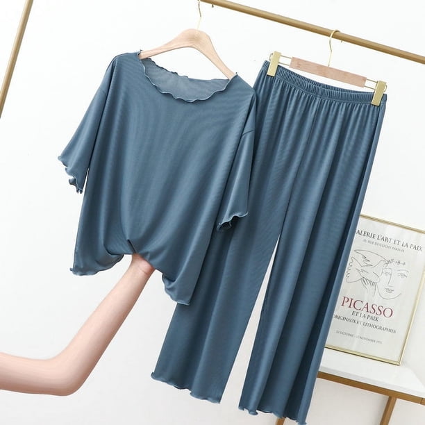 Pantalones anchos recortados de seda de hielo con borde de oreja, traje informal de manga corta de talla grande para mujer, ropa exterior fina de verano, ropa para el hogar, pijamas