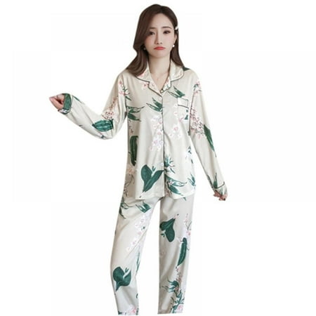 

Final Clear Out!Fashion Leaf Print Loose Casual Suit Home Service Button Cardigan Suit Pajamas Two-piece
