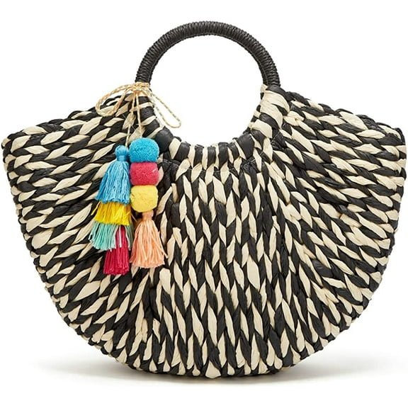 CoCopeaunts Women Straw Bag Large Woven Tote Bag with Pendant Round Handle Tote Retro Purse Hobo Summer Beach Handbag