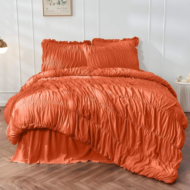 King Size Comforter Set Bedding Ruched Coral Comforter King Bed Set Boho Shabby Chic Comforter Fluffy Piece Ruffle Comforter Set with Pillow Girl Bedding Soft and Luxury