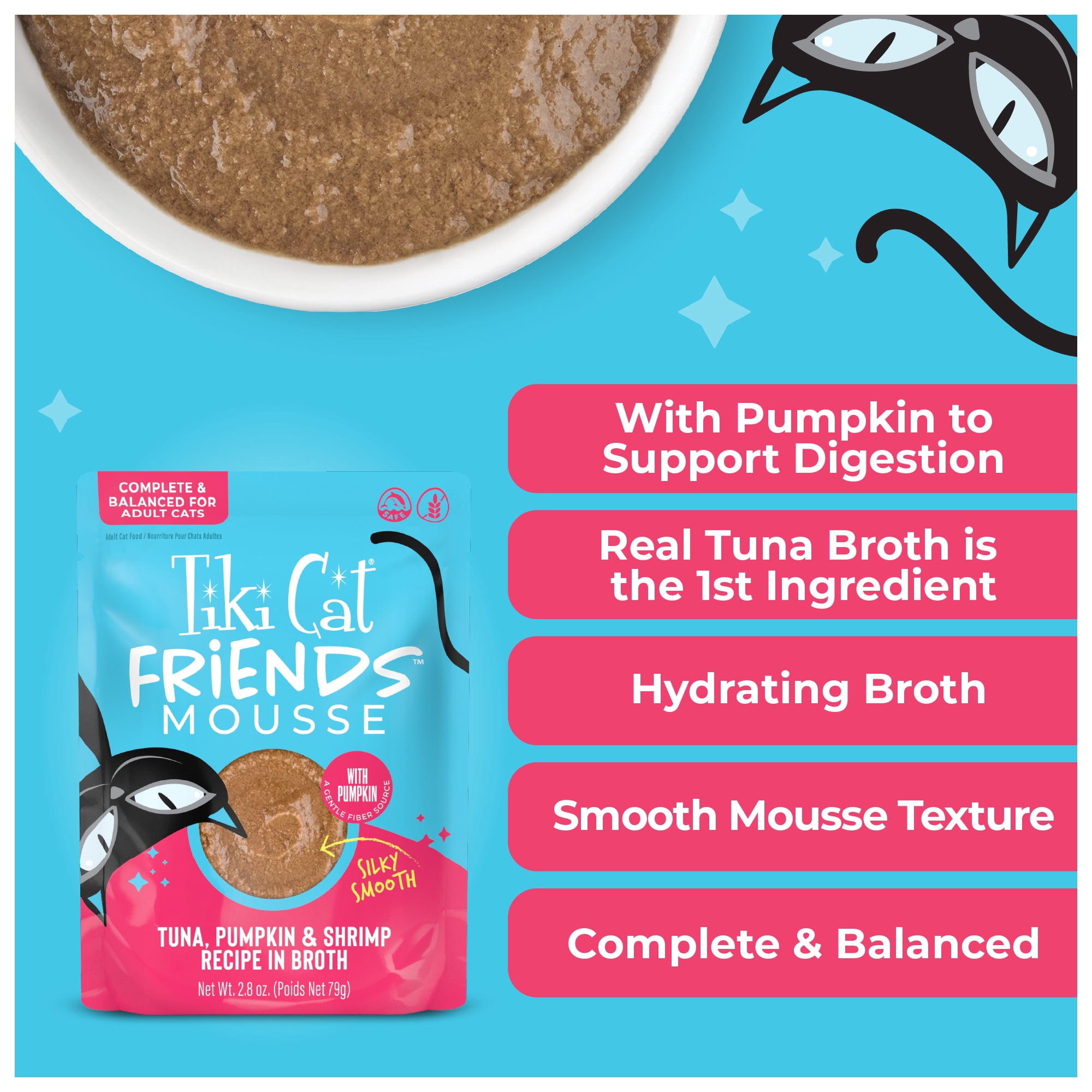 (6 pack) Tiki Cat Friends Mousse Tuna, Pumpkin & Shrimp, 2.8 oz. Pouch