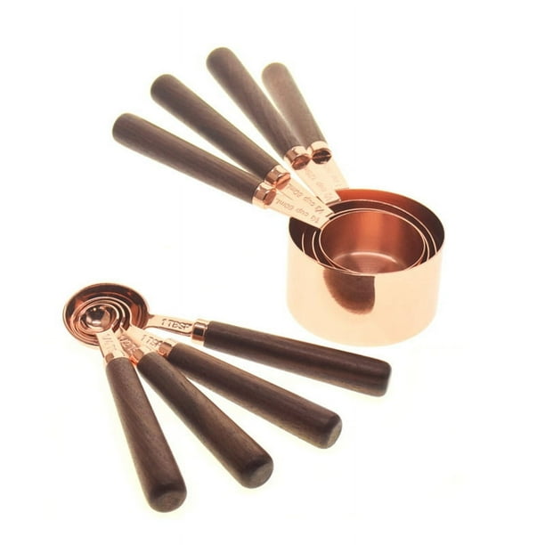 Juego de tazas y cucharas medidoras con mango de madera, de acero inoxidable, chapado en cobre, de metal, para hornear, accesorios de cocina