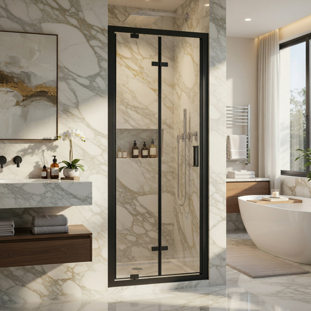Hommoo Framed Bi-Fold Pivot Shower Door 30" W x 72" H, Aluminum Folding Shower Enclosure with 1/4" Tempered Glass, Reversible Left/Right Installation & Leak-Proof Magnetic Seal, Black & Transparent