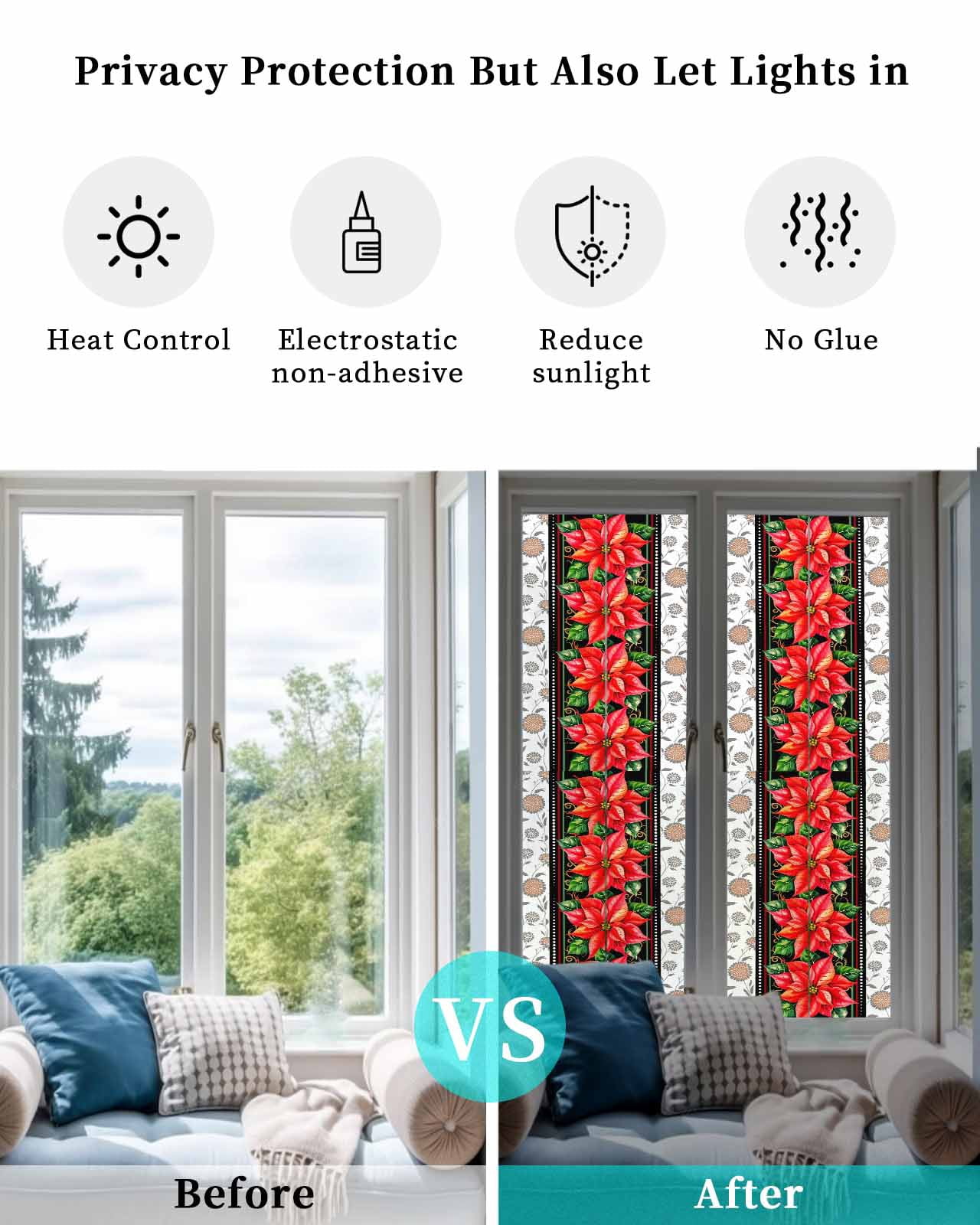 Red Christmas Window Privacy Film Stained Glass Window Film Decorative Windows Cover Static Windows Cling for Glass Door Xmas Botanical Poinsettia Stickers for Bathroom 29.5"x118"