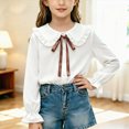thumbnail image 2 of CAUYDY Collared Shirts for Girls Youth Long Sleeve Button Down Fly Sleeve Blouse, School Uniform Top for Fall Winter Daily Wear Brown Sizes 15-16 Years, 2 of 6
