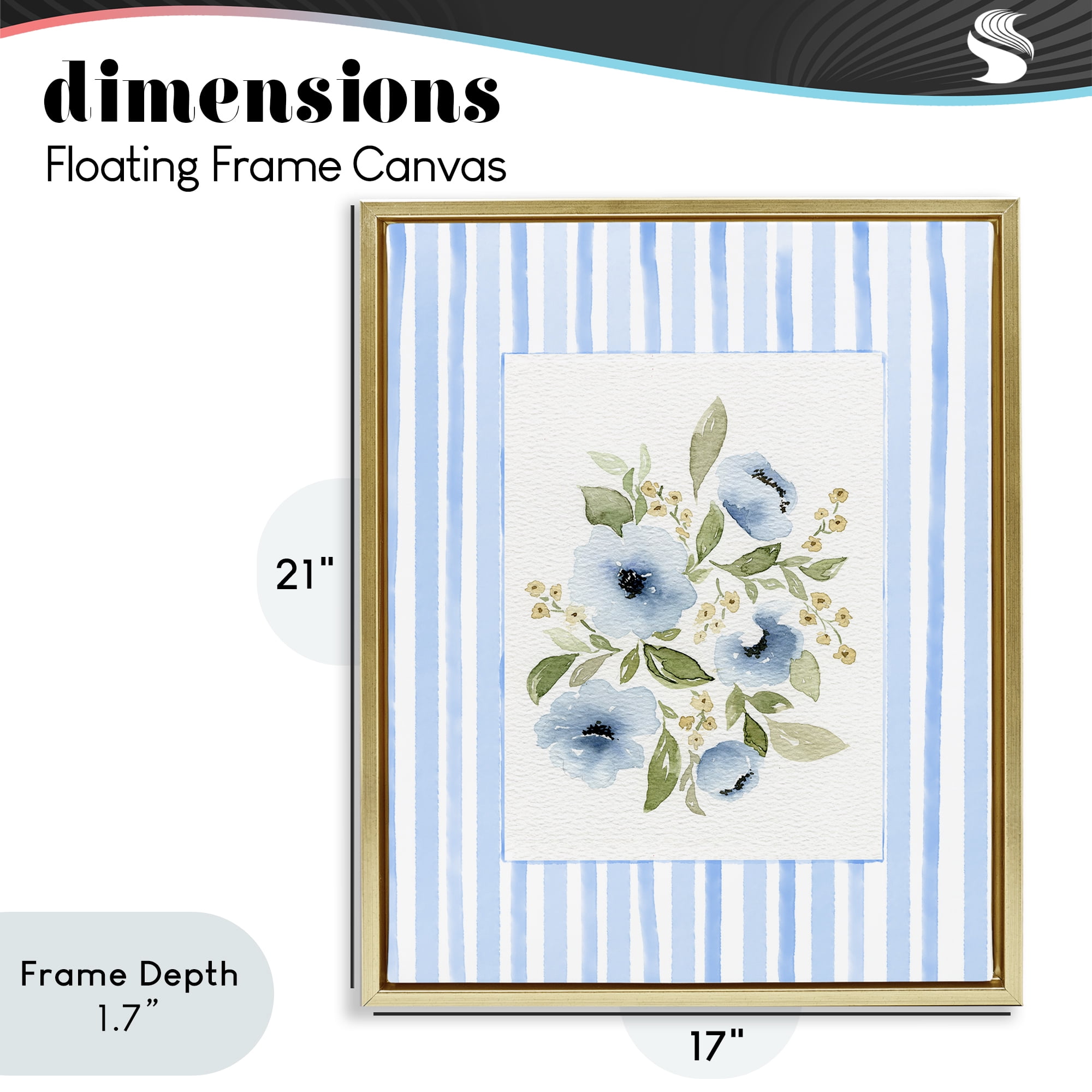Stupell Industries Flowers with Blue Stripes Gold Framed Floater Canvas Wall Art, design by Leah Noel Art