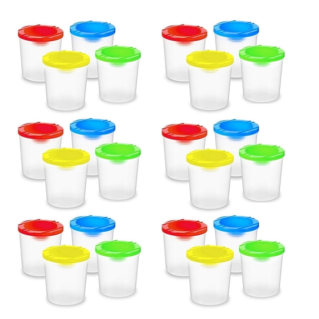 Paquete de 24 Vasos de Pintura con Tapas: Vaso de Agua para Pintura Antiderrames, Vasos de Pintura Reutilizables A Prueba de Derrames para Pintar (4 Colores)
