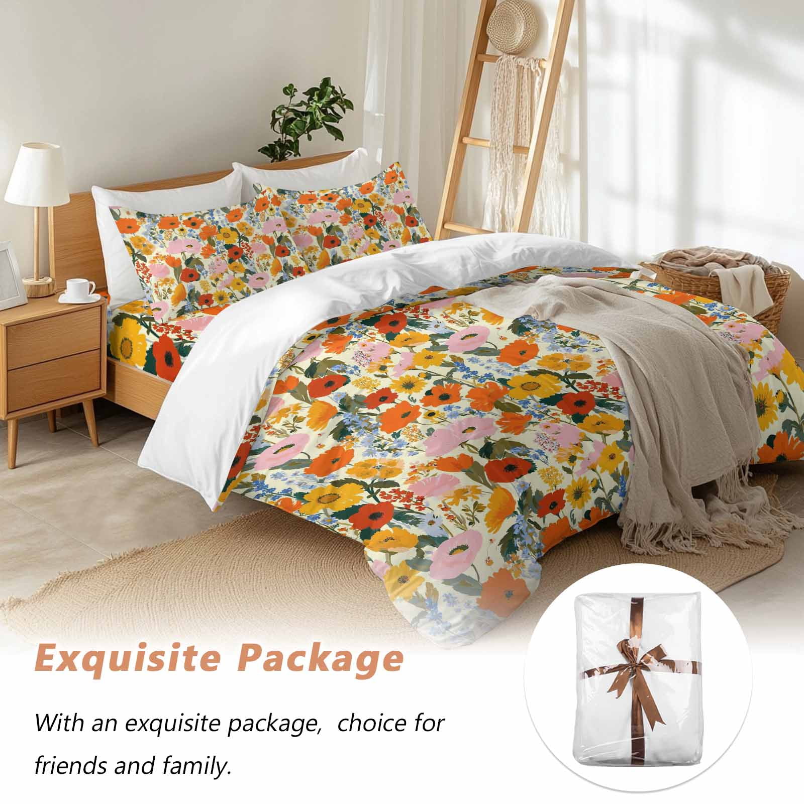 Queen 4 Piece Bedding Set Spring Poppy Daisy Flower Soft Breathable Duvet Cover and Pillowcase, Pastoral Colorful Floral Plant Duvet Cover Set Bed Sheets for Bedroom Dormitory Guest Room