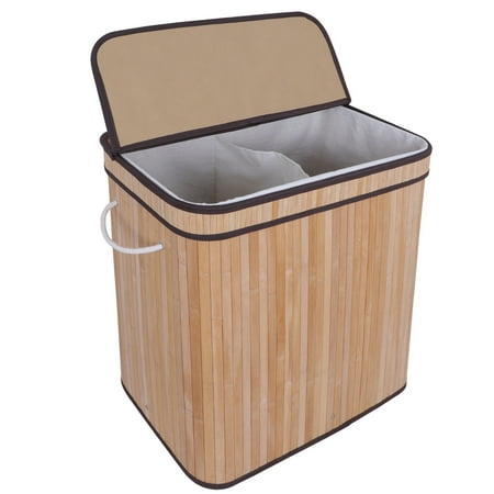 ZENY Divided Bamboo Laundry Basket Double Hamper with Lid Handles and Removable Liner Two-section Dirty Clothes Storage Sorter