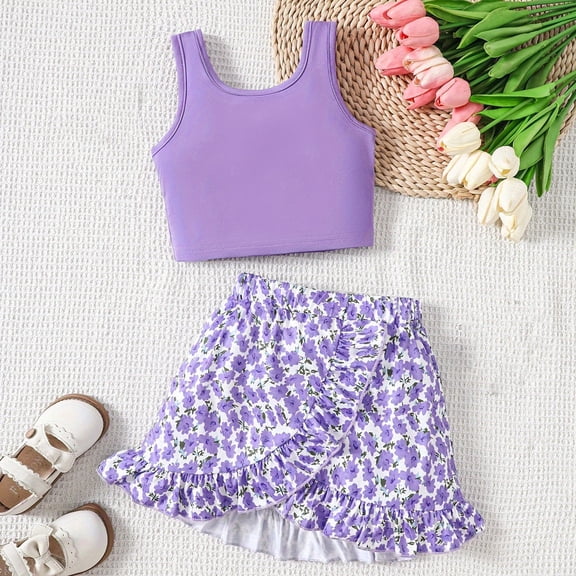 hengsof Girls Fashion Print 2 Piece Set Solid Color Sleeveless Crewneck Top Elastic Waist Sweet Ruffle Skirt Set Summer Casual Cute Outfit for Kids Ages 1-8