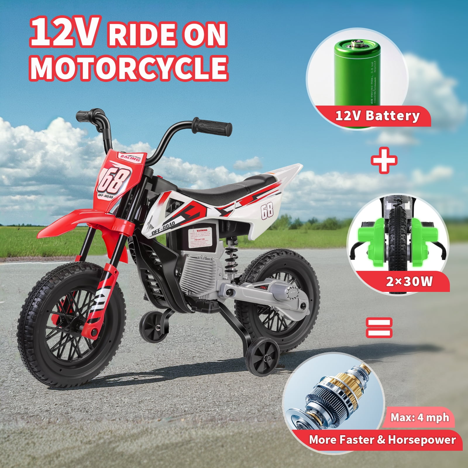 Funcid 12V Electric Dirt Bike with Twist Grip Throttle, Ride on Motorcycle with 2 Training Wheels, Suitable for Ages 3-8, Bluetooth, MP3, Dual Motors, Spring Suspension