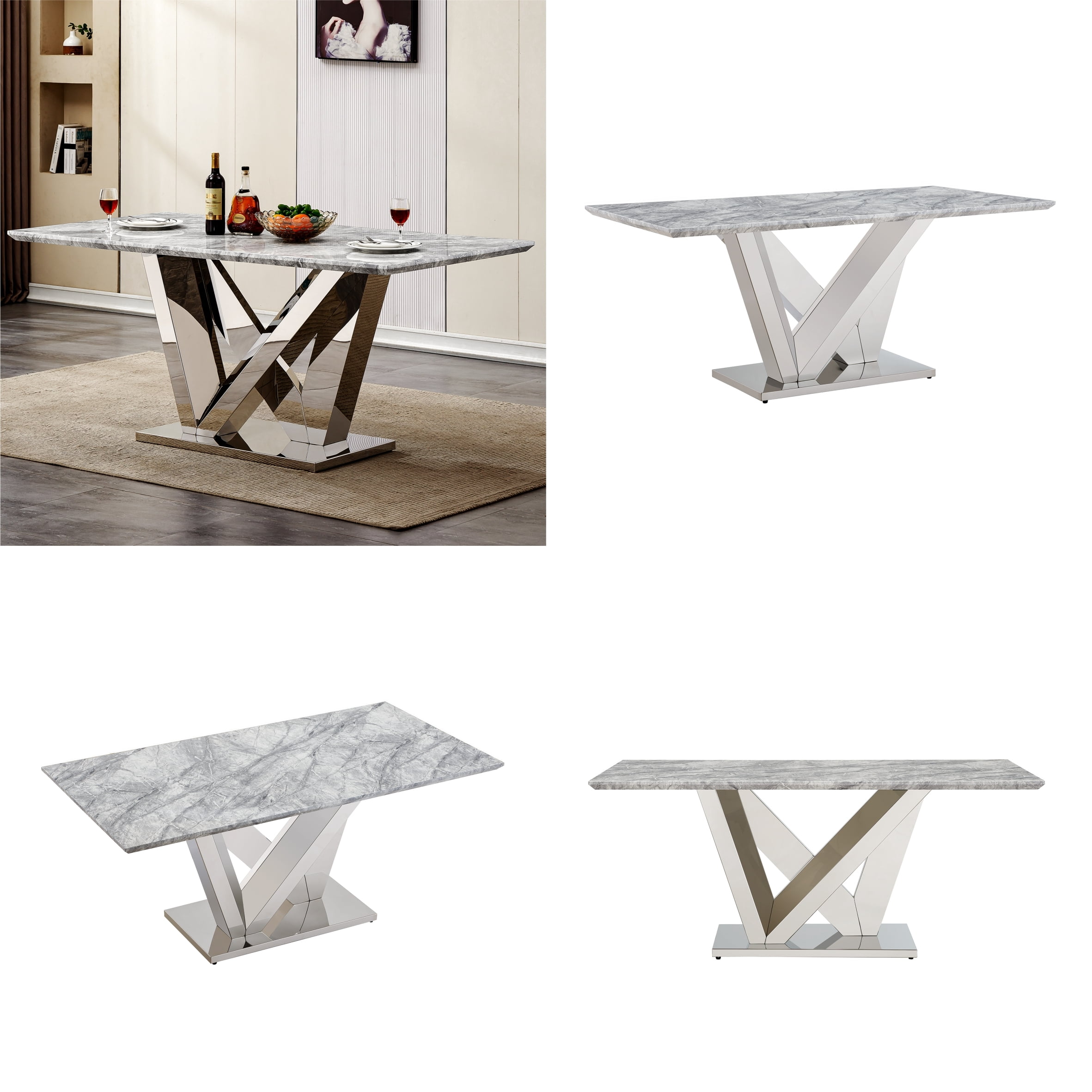 Shikeyi 70" Marble Dining Table for 6-8, Modern Luxury Silver Rectangular Large Kitchen Table, Marble Grain MDF Tabletop & Stainless Steel Base for Kitchen Dining Room, Grey (Table Only)