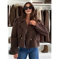 thumbnail image 6 of Women Crop Double Breasted Pea Coat Work Office Cropped Jacket with Pockets Dark Brown S, 6 of 8