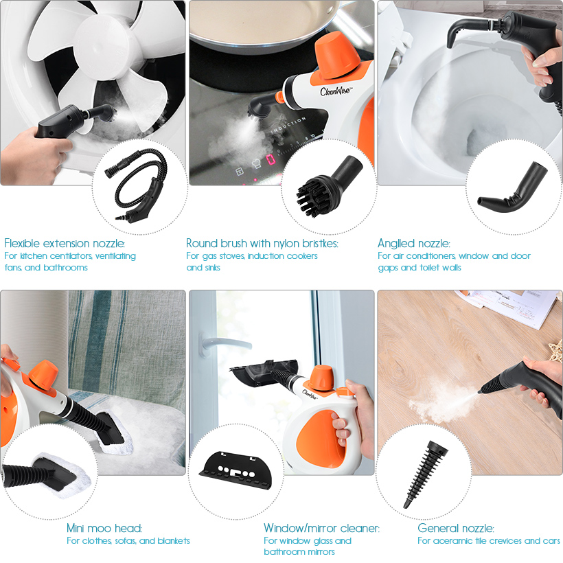 More Multi-Purpose and Multi-Surface All Natural Patio Handheld Pressurized Steam Cleaner with 9-Piece Accessory Set Auto Chemical-Free Steam Cleaning for Home