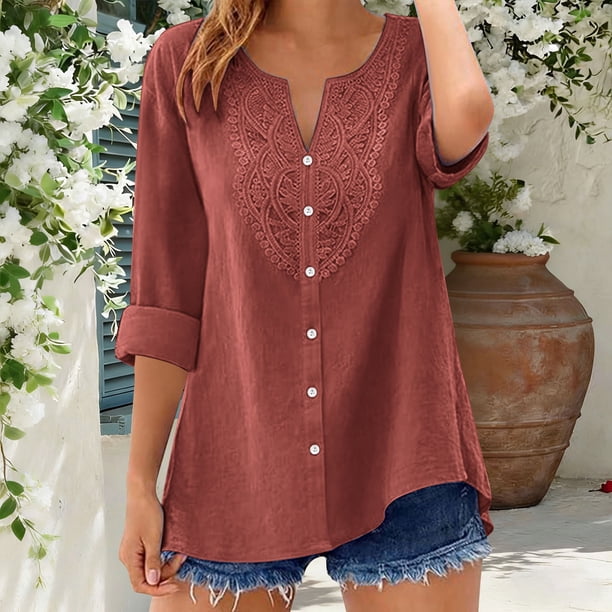 Craaazy Women's Casual V Neck Blouse, Solid Color 3/4 Sleeve Lace Detail Top, Loose Fit Comfy Button Down Shirt for Daily Wear Gifts