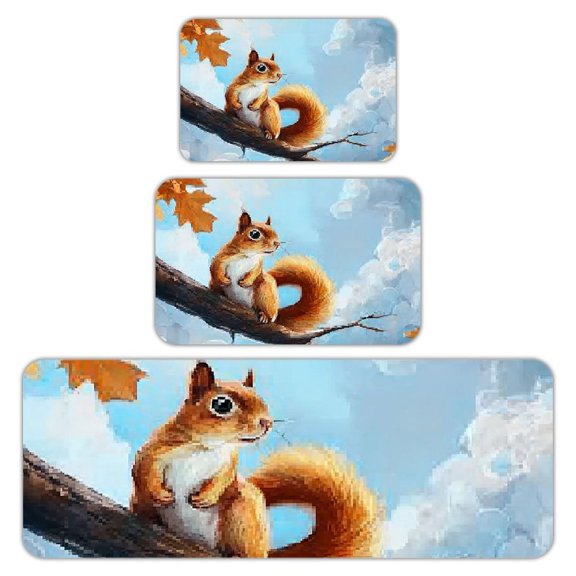 RKSupls Kitchen Rug Set 3 Piece Anti-Slip Flannel Floor Mats, Squirrel Autumn Branch Washable Absorbent Runner Mats for Kitchen Bathroom Home Decor