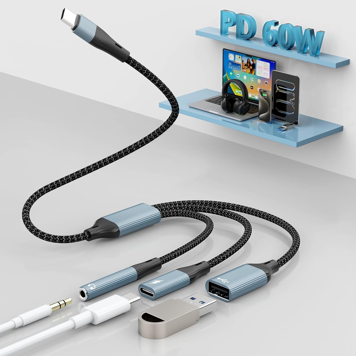RGHJAR-3-in-1 USB C to 3.5mm Headphone and USB C Charger Adapter,Type-C to USB OTG Adapter with USB+USBC Charging+3.5mm Headphone Port,USBC Splitter for iPhone 17/16/15/Samsung/USB Flash Drive/Keyboa
