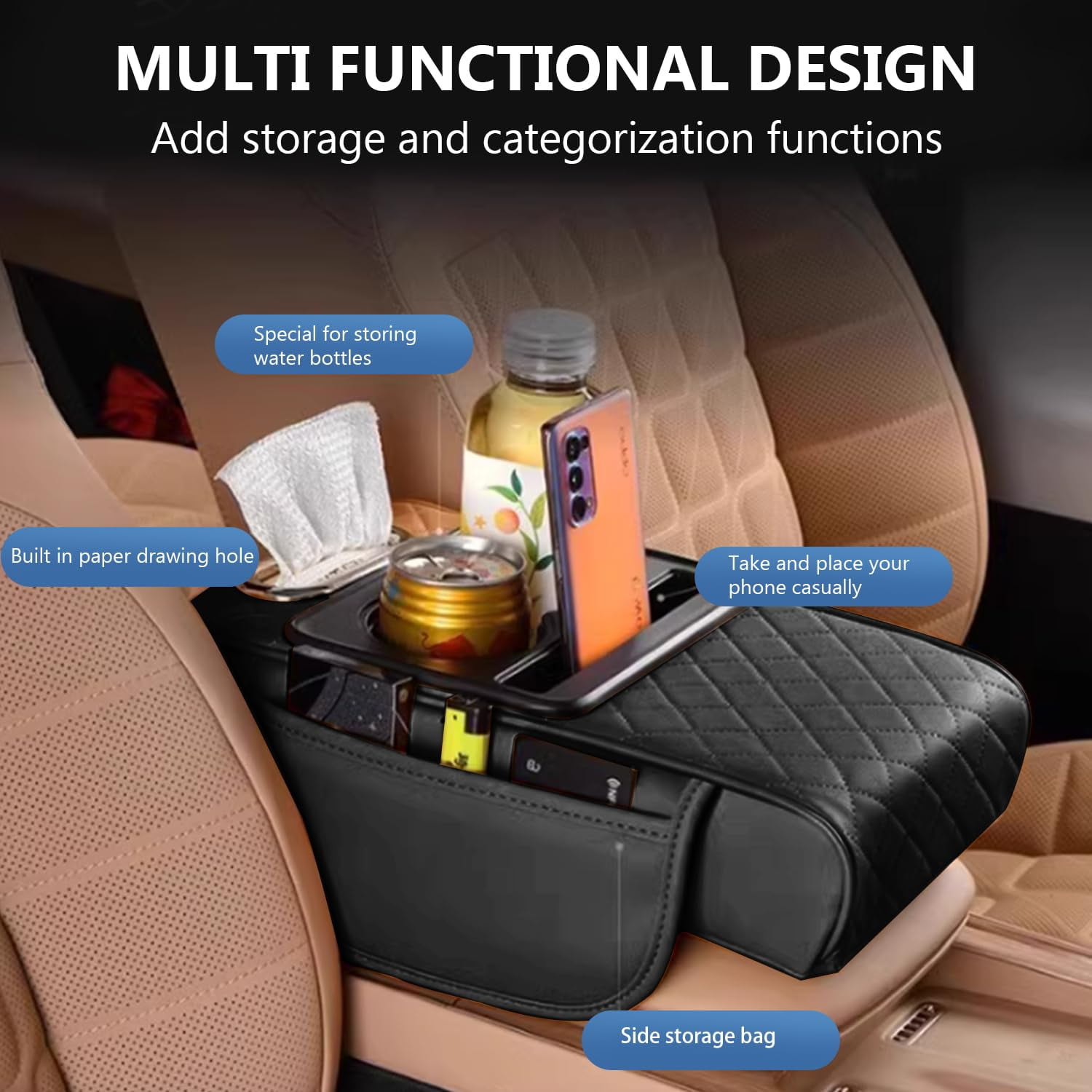 Multifunctional PU Leather Car Armrest Box Mat, Universal Center Console Cover with Storage Organizer, Non-Slip Driver and Passenger Side Arm Rest Pad