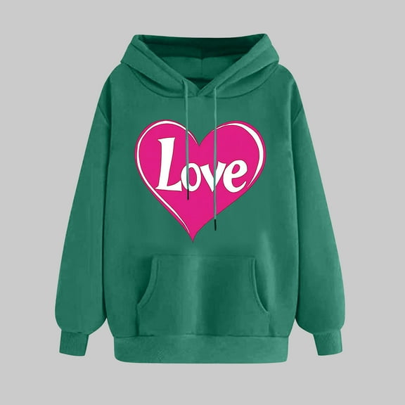 Women's Valentine Heart Print Sweatshirt Hooded Pullover Tops Long Sleeved Comfortable Sweatshirt Army Green L