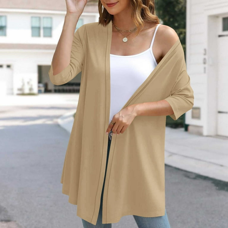 Women's Draped Open Front Cardigans Midi Length 3/4 Sleeve