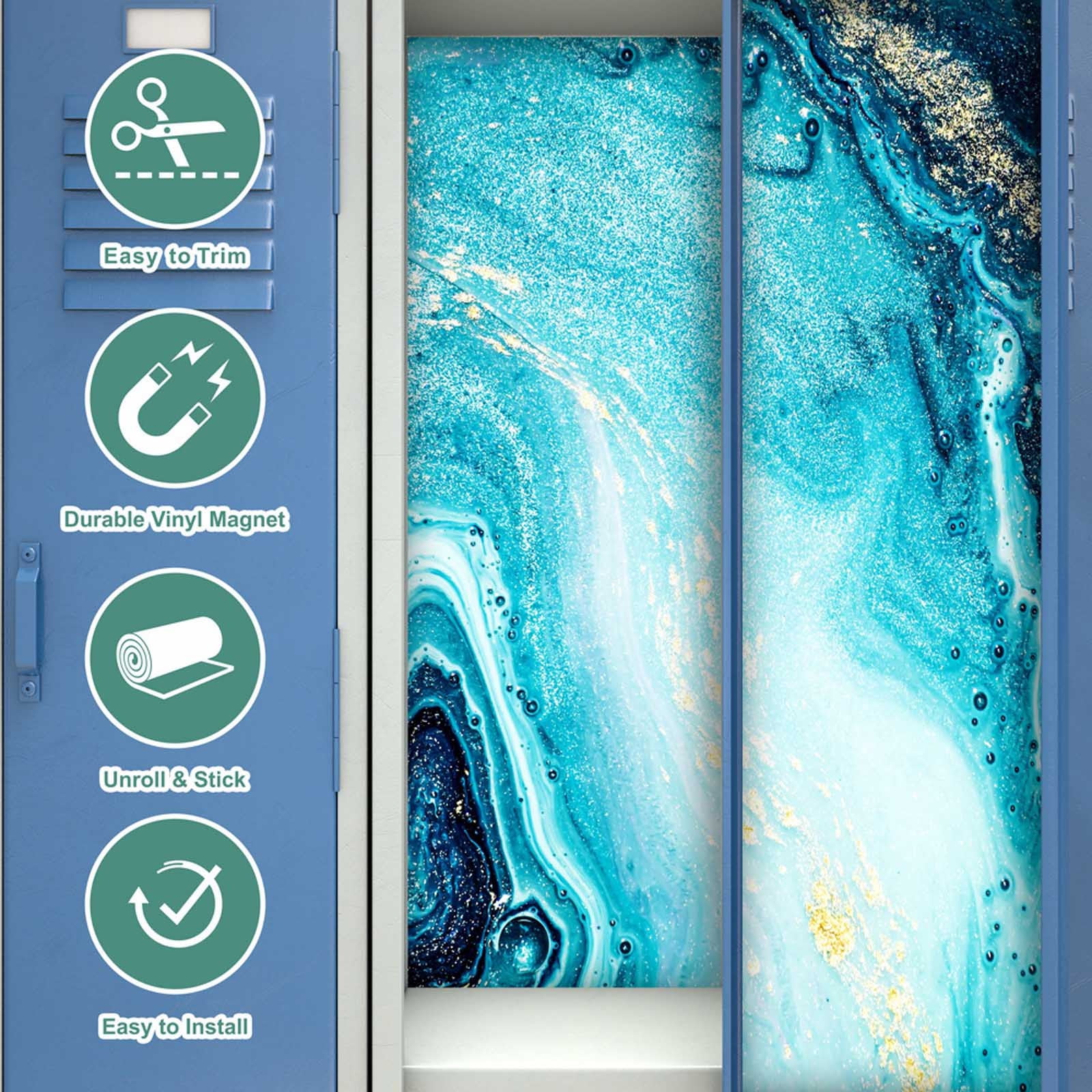 4Pcs Marble Magnetic Locker Decor Stickers, Removable Aesthetic Abstract Blue Gold Cabinet Decals for School Student Locker Organizer Decor