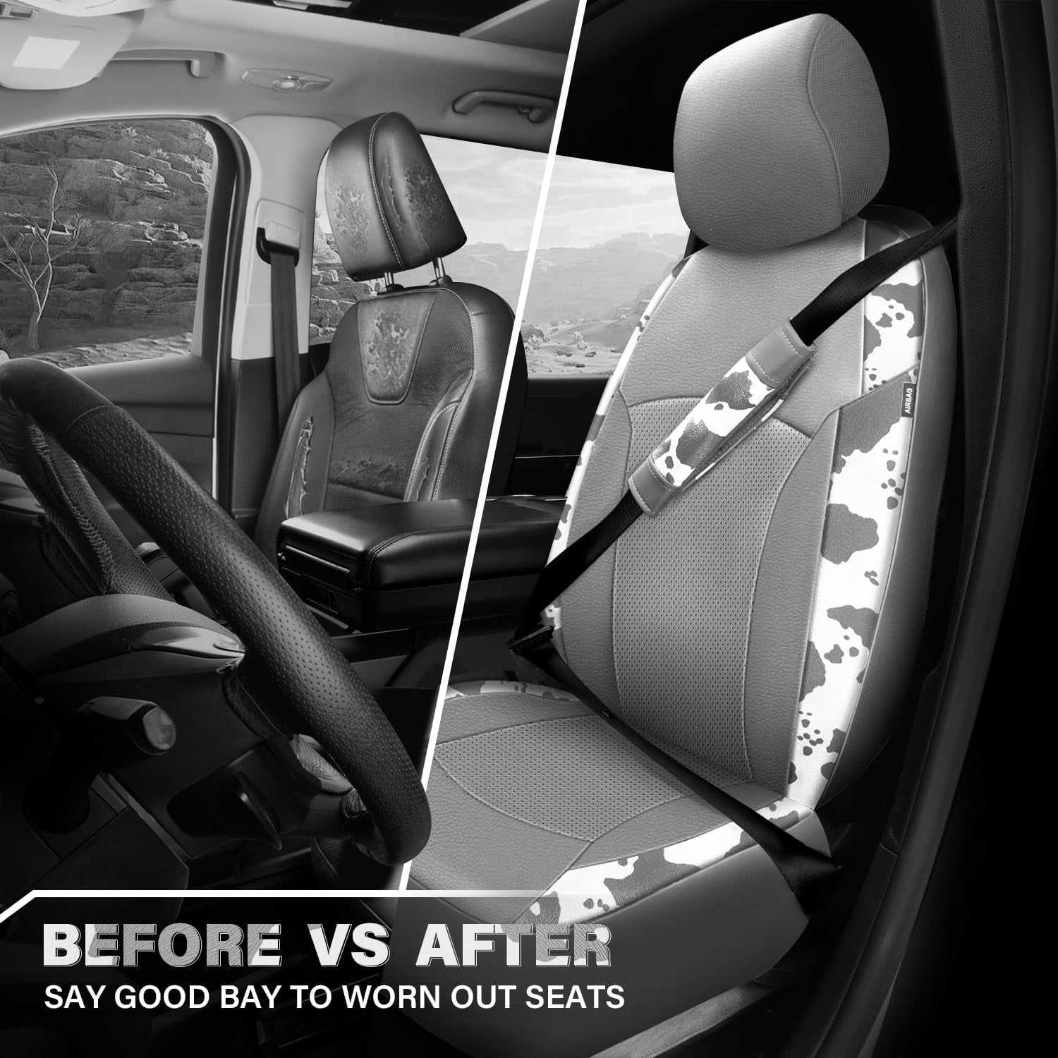 CAR PASS Leopard Print Faux Leather Car Seat Covers & Leopard Car Mats&Leopard Steering Wheel Cover Seat Belt Pad Universal Car Accessories for SUV,Van,Saden,Truck Automobile Interior Sets