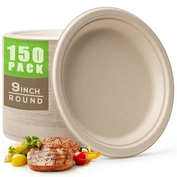 150pcs Compostable Paper Plates 9 Inch Bulk, Disposable Heavy-Duty Plates, Biodegradable Plate Made of Sugarcane Fiber Unbleached