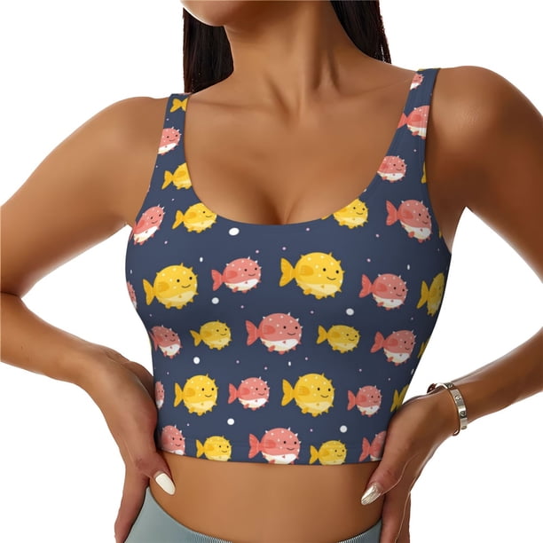 Fotbe Cute Puffer Fish Sujetador Deportivo Largo sin Aros para Mujer con Almohadillas y Soporte Medio, Transpirable y Absorbente, Camiseta Tipo Chaleco o Tank Top-XX-Large
