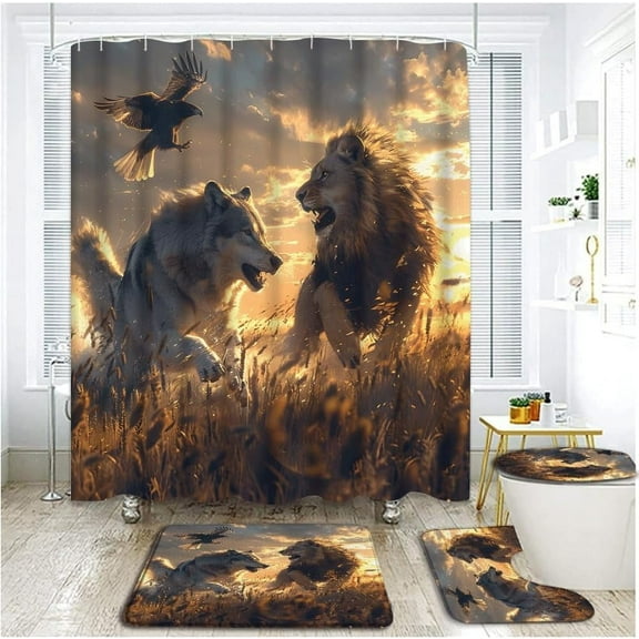 4 Piece Wolf Lion Shower Curtain Set with Rugs, Toilet Lid Cover ,African Grassland Wilderness Hunting Eagles Running Wildlife Animal Sunset Autumn Natural Scene Bathroom Shower Curtain with Hooks