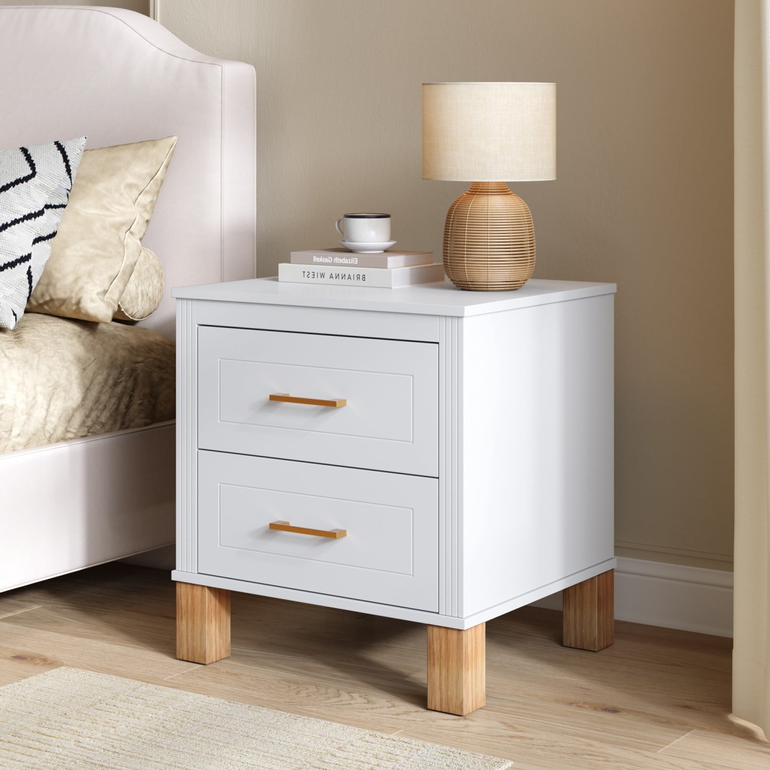 2 Drawer Nightstand with Solid Wood Legs, Fluted Bedside Table with Metal Handles, Tall Wood End Table Storage Cabinet for Bedroom, Living Room, White