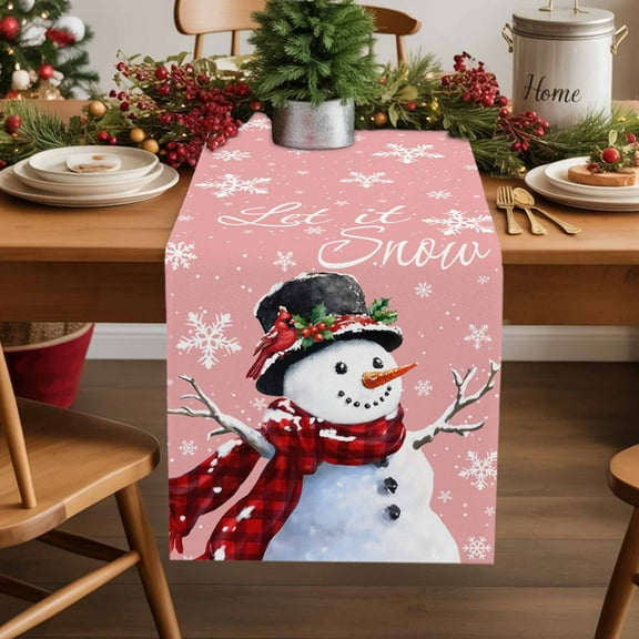 Burlap Table Runner 36 Inches Long,Snowman Christmas Snowflakes on Pink Non-Slip Kitchen Table Runners for Dining Room Everyday Use Party Table Decorations Winter Snow Seamless