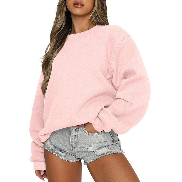 Juuyy Women's Oversized Crewneck Sweatshirts Lightweight Pullover Workout Tops Fall Long Sleeve Teen Girls Outfits Preppy Cute Baggy Clothes Pink L