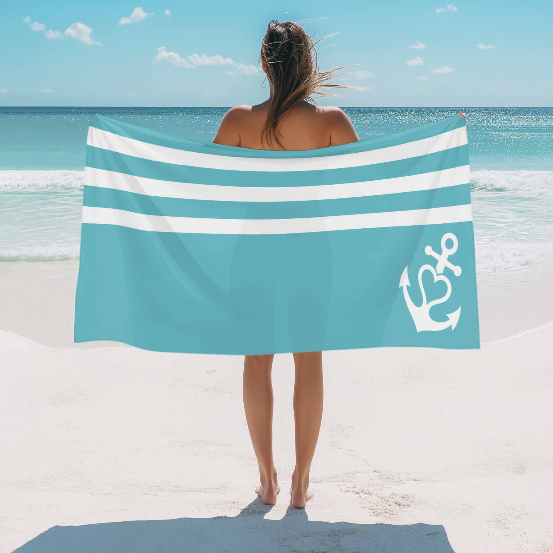 Beach Towel Nautical Anchor Bath Pool Towels Geometric Teal Blue Stripes Absorbent Beach Towel Soft Large Quick Dry Lightweight Camping Travel Sports Yoga Gym Swim Towels for Adult 35x70 Inch
