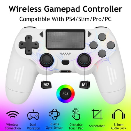 Wireless Game Controller for P4/Slim/Pro/PC, Bluetooth Gamepad Joystick with RGB Light/Dual Vibration/6-Axis Gyro/3.5mm Sterro Jack