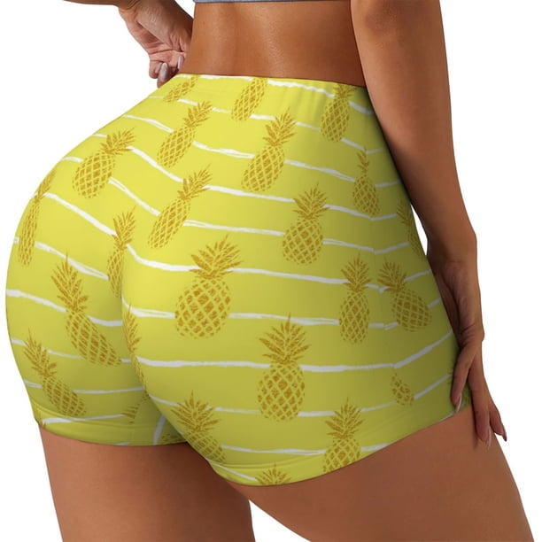 Fotbe Gold Pineapple Shorts Sin Costuras – Shorts Deportivos de Cintura Alta para Mujer, Elásticos para Gimnasio, Yoga, Running o Ciclismo-Large