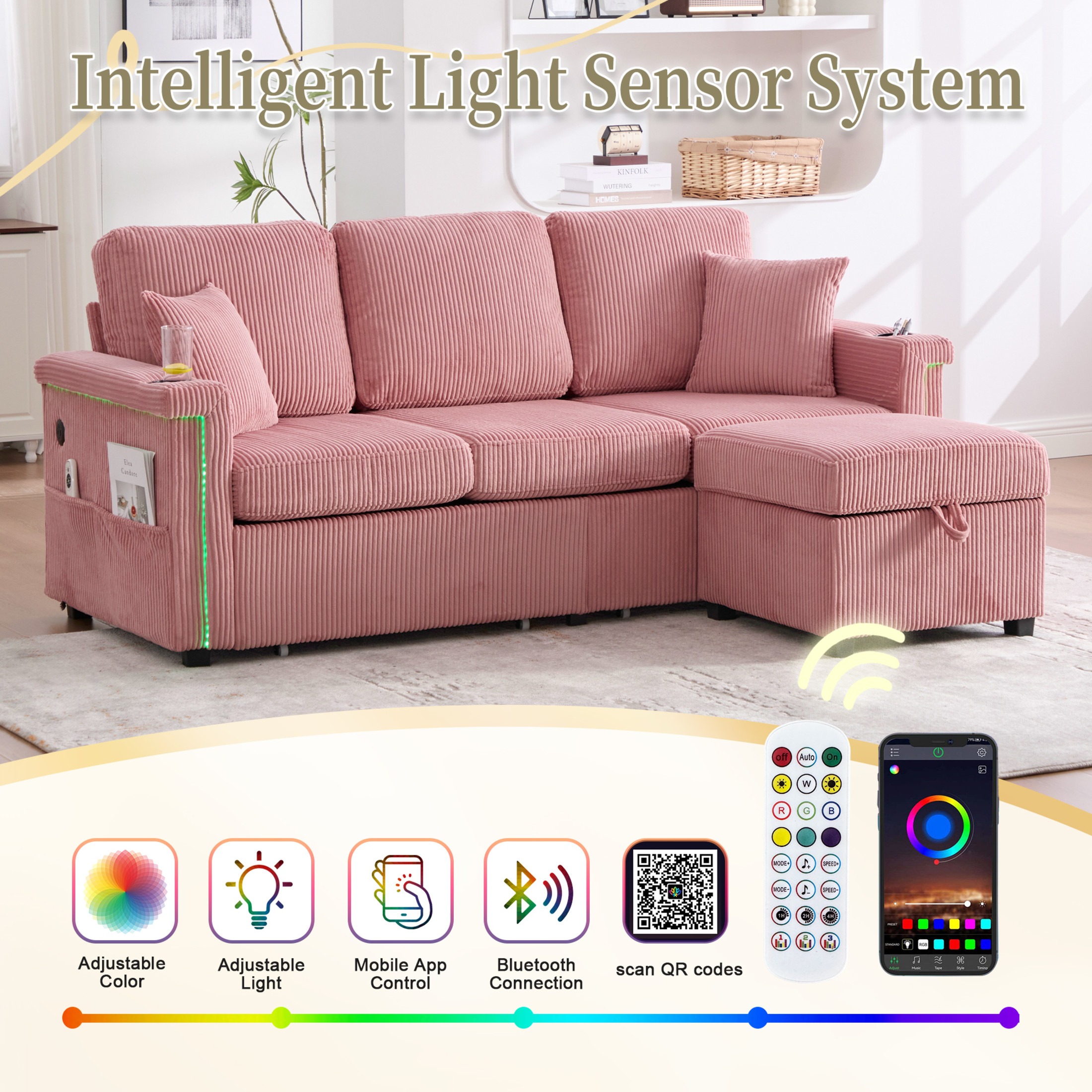 Noble House Elena 4-Seater L-Shaped Corduroy Sectional Sofa with Pull-Out Storage, Ottoman for Living Room, Pink