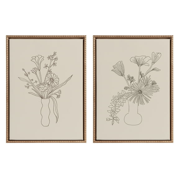 Kate and Laurel Sylvie Beaded Floral Study 1 and Floral Study 2 Vintage Framed Canvas Wall Art Set by Kate Aurelia Holloway, 2 Piece Set 18x24 Gold, Botanical Bouquet Sketch Art for Wall