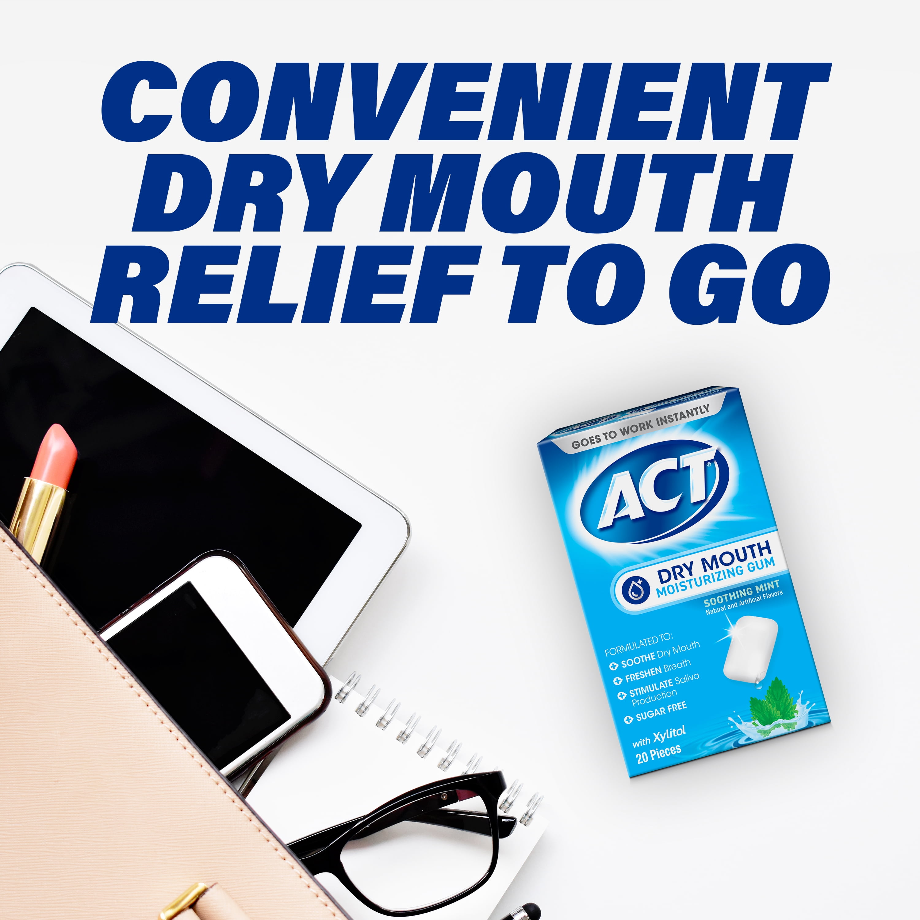 ACT Dry Mouth Moisturizing Gum With Xylitol, Soothing Mint, 20 ct.