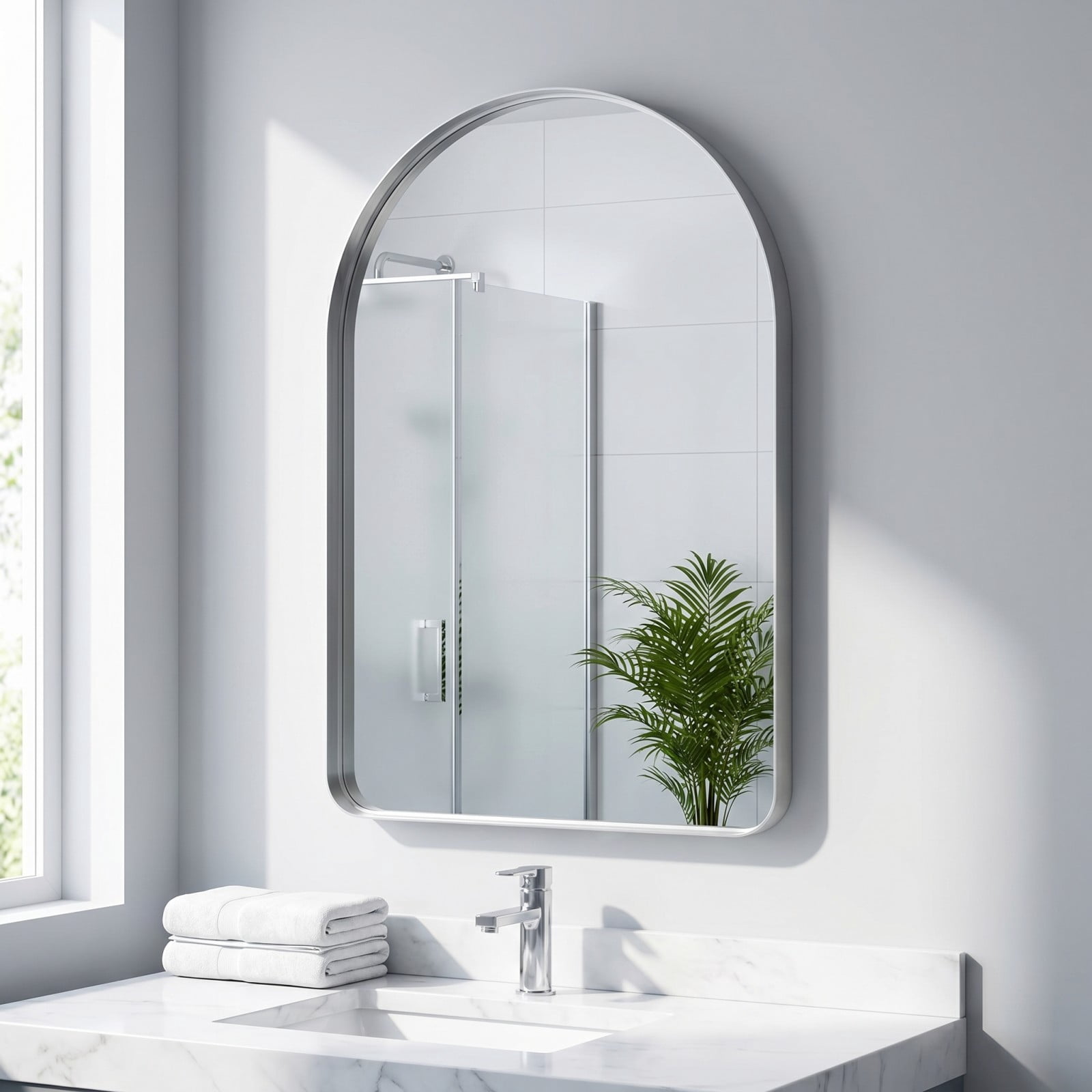 Gleamira 20"x30" Arched Bathroom Mirror Rounded Corner Vanity Wall Mirror with Deep Frame, Silver