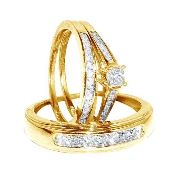 AFFY White Natural Diamond Engagement & Wedding Trio Bridal Ring Set In 10k Yellow Gold (0.75 Cttw)