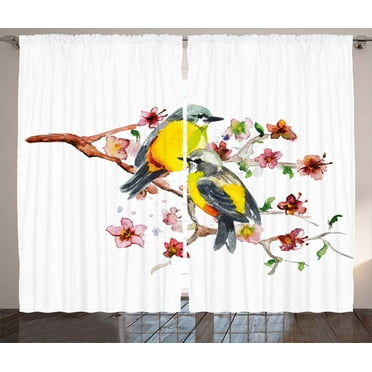 Ambesonne Nature Curtains 2 Panel Set, Birds on the Branches, 108" x 84", Brown and Yellow