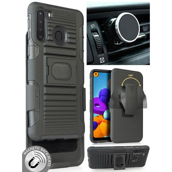 Case/Mount/Clip for Galaxy A21, Nakedcellphone Black Ring Grip [Rugged Cover with Stand] and [Belt Hip Holster] and [Magnetic Car Holder] for Samsung Galaxy A21