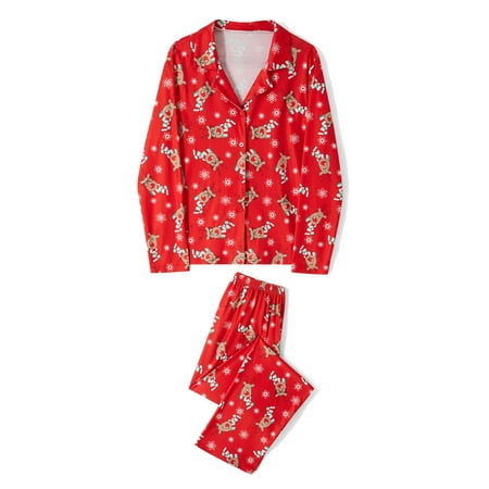 

Pudcoco Family Matching Christmas Pajamas Sets Deer Snowflake Lapel Long Sleeve Tops Pants Loungewear Set