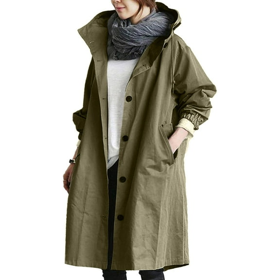 Baqcunre Womens Water Proof Jacket, Women's Casual Trench Coat Mid-Length Long-Sleeved Jacket 1Pc Jacket Army Green L
