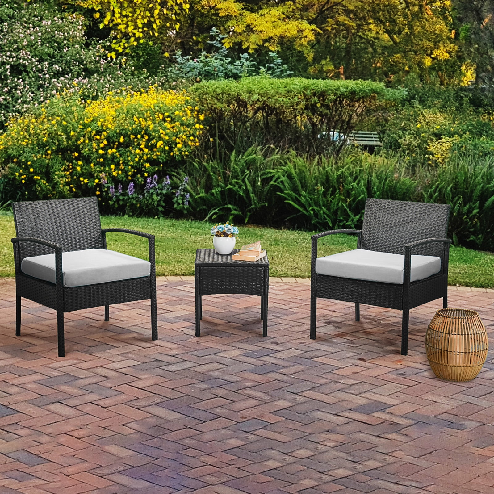 PROHIKER 3 Pieces Outdoor Patio Furniture Modern Resin Wicker Chairs Set and Table Set, Weather