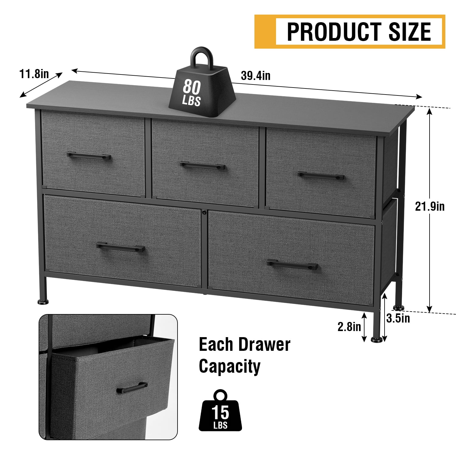 FDW 5-Drawer Fabric Dresser for Bedroom, Gray