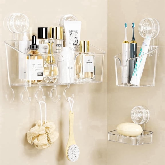 Aship Shower Caddy Set, No-Drill Removable Shower Organizer with Toothbrush Holders & Suction Hooks, 22lb Heavy Duty Waterproof Suction Cup Shower Caddy for Bathroom Kitchen, Clear, 3 Pack Combo