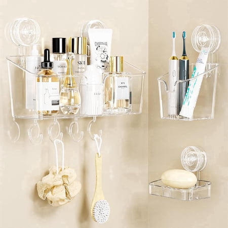 Aship Shower Caddy Set, No-Drill Removable Shower Organizer with Toothbrush Holders & Suction Hooks, 22lb Heavy Duty Waterproof Suction Cup Shower Caddy for Bathroom Kitchen, Clear, 3 Pack Combo