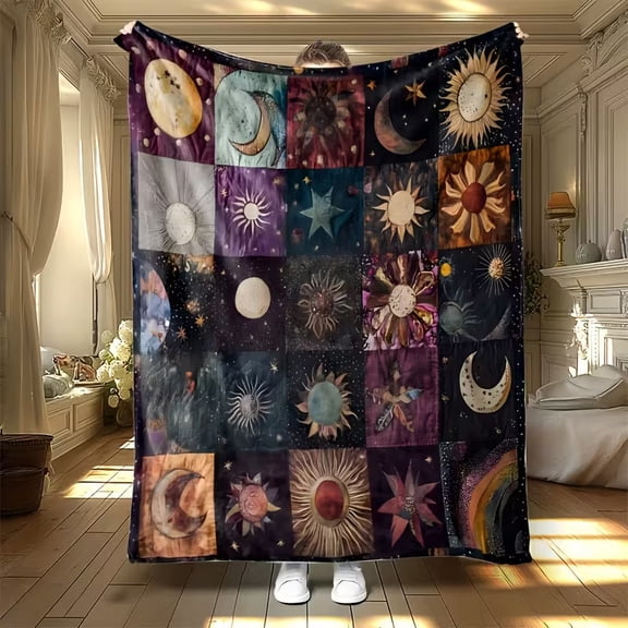 Sun Moon and Star Pattern Print Flannel Throw Blanket