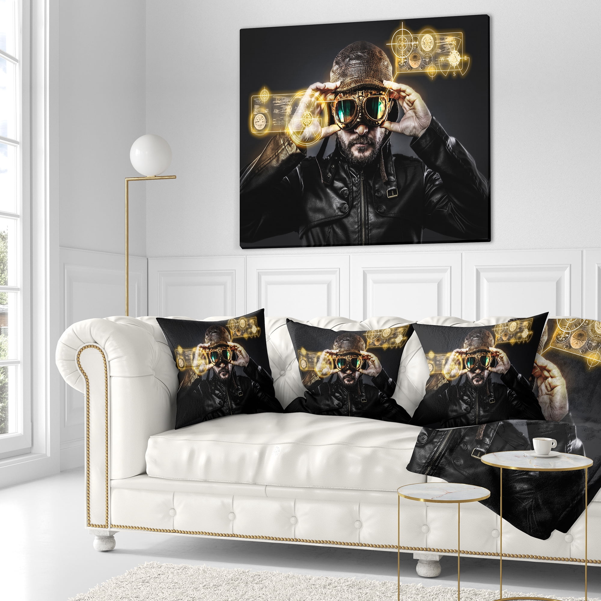 Designart Fighter Pilot with Hat and Glasses - Abstract Portrait Throw Pillow - 16x16